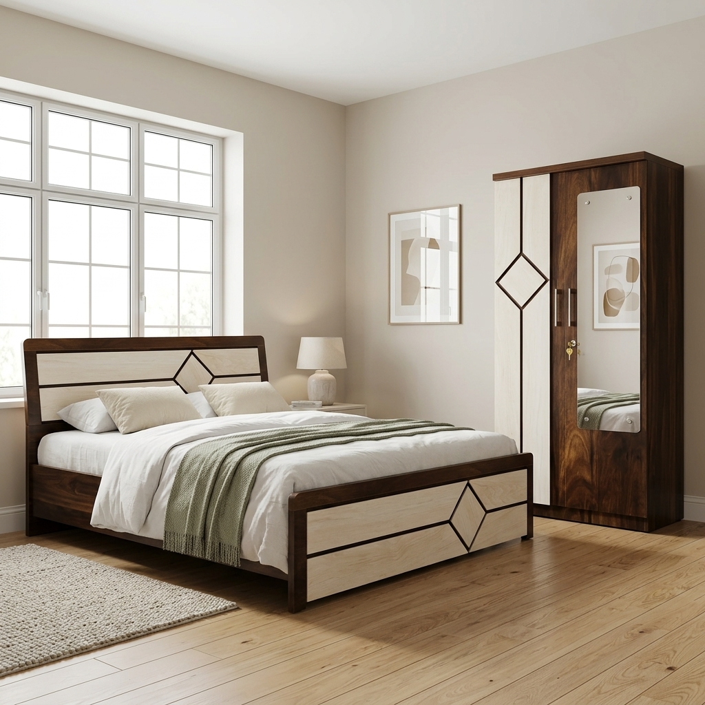 Square Bed and Cupboard