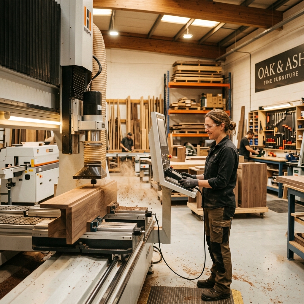 Worker making furniture using machines